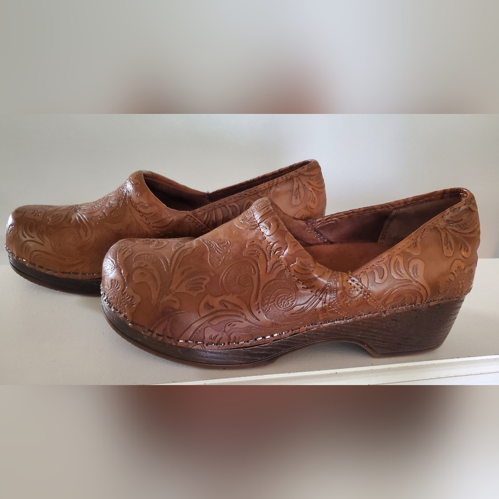 Bass Brown Embossed Leather Mules